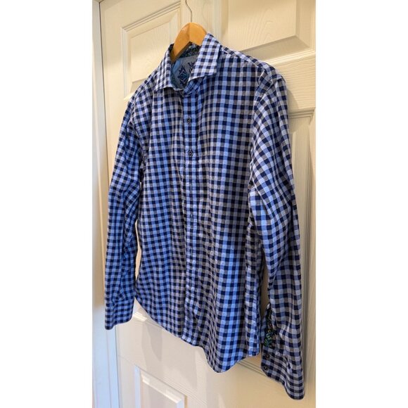 Mens Robert Graham Blue & White Gingham Button-Up Shirt With Embroidered - Picture 1 of 11
